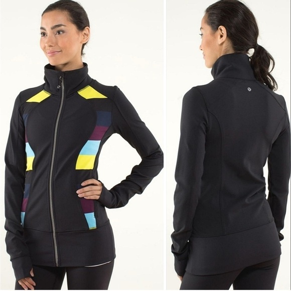 Lululemon Nice Asana Jacket Black Pow Stripe Split Pea Full Zip Thumb Holes - Picture 1 of 14